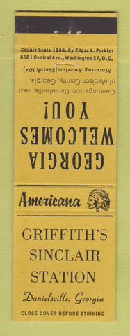 Matchbook Cover - Sinclair oil gas Danielsville GA Perkins Americana YELLOW