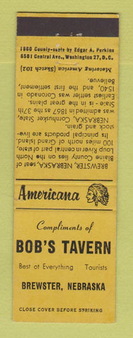 Matchbook Cover - Bob's Tavern Brewster NE Perkins Americana YELLOW