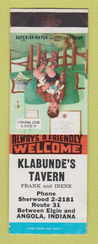 Matchbook Cover - Klabunde's Tavern Angola IN SAMPLE WORN BACK