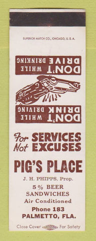 Matchbook Cover - Pig's Place Palmetto FL SAMPLE POOR BACK