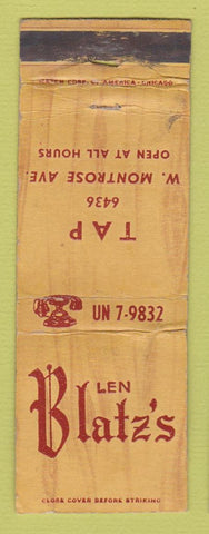 Matchbook Cover - Len Blatz's Tap Bar Chicago IL WORN