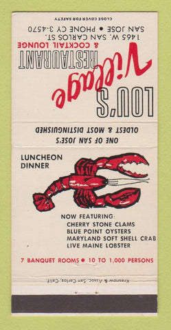 Matchbook Cover - Lou's Village Restaurant San Jose CA lobster 30 Strike