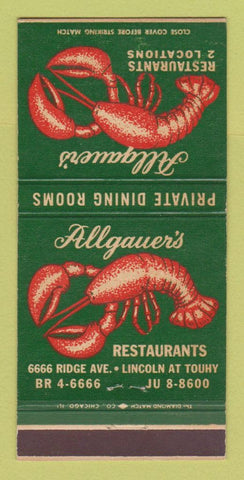 Matchbook Cover - Allgauer's Restaurants Chicago IL lobster 30 Strike