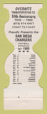 Matchbook Cover - San Diego Chargers Football Overnite Trucking 1985