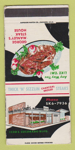 Matchbook Cover - George Manley's Steaks Denver? SAMPLE WORN 30 Strike