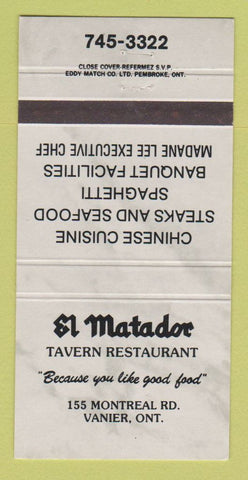 Matchbook Cover - El Matador Restaurant Vanier ON 30 Strike