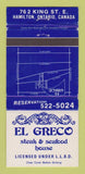 Matchbook Cover - El Greco Steak Seafood Hamilton ON WEAR 30 Strike
