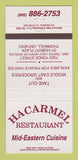 Matchbook Cover - Hacarmel Restaurant Mid Eastern Thornhill ON 30 Strike