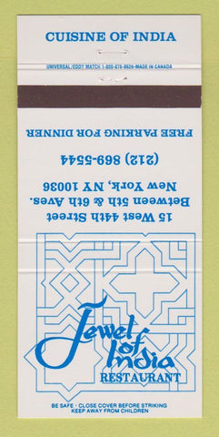 Matchbook Cover - Jewel of India Restaurant New York City 30 Strike