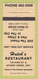 Matchbook Cover - Hutch's Fish and Chips Hamilton ON PEACH 30 Strike