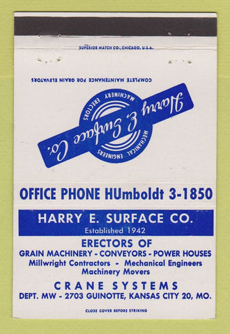 Matchbook Cover Harry Surface Grain Machinery Conveyors Kansas City MO 40 Strike
