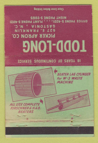 Matchbook Cover - Todd Long Picker Apron Gastonia NC 40 Strike