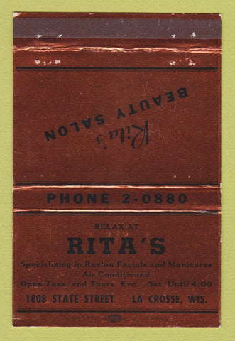 Matchbook Cover - Rita's Beauty Salon La Crosse WI BRONZE 40 Strike
