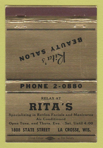Matchbook Cover - Rita's Beauty Salon La Crosse WI GOLD 40 Strike