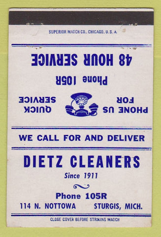 Matchbook Cover - Dietz Cleaners Sturgis MI 40 Strike
