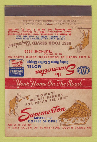 Matchbook Cover - Summerton Motel SC Pecan Pie 22 Strike Feature