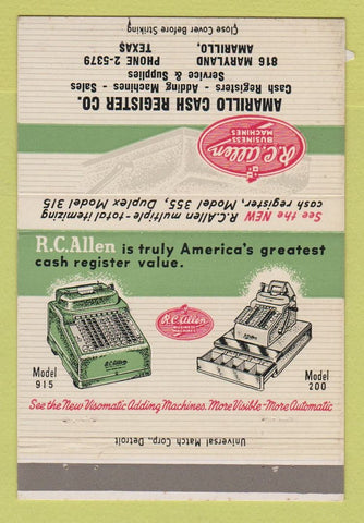 Matchbook Cover - RC Allen Cash Register Calculator Amarillo TX 40 Strike