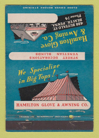 Matchbook Cover - Hamilton Glove Awning Beaver PA 40 Strike