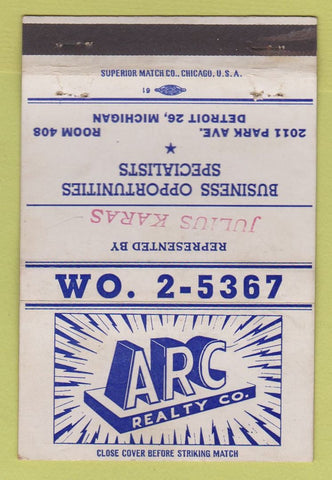 Matchbook Cover - Arc Real Estate Julius Karas Detroit MI WEAR 40 Strike