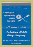 Matchbook Cover - Industrial Metals Alloy Winston Salem NC 40 Strike