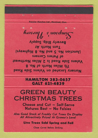Matchbook Cover - Green Beauty Christmas Trees Hamilton? ON WEAR 40 Strike
