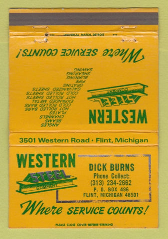 Matchbook Cover - Western Steel Dick Burns Flint MI WORN 40 Strike