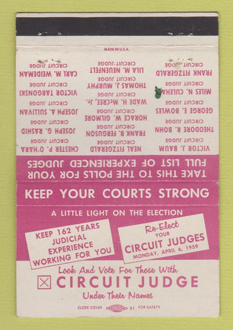 Matchbook Cover - Cercuit Judges Election 1959 Wayne County MI WORN 40 Strike
