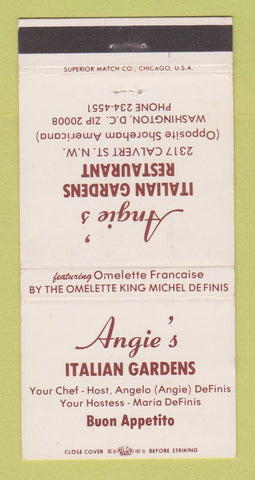 Matchbook Cover Angie's Italian Gardens Restaurant Washington DC WEAR 30 Strike