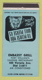 Matchbook Cover - Embassy Grill Fort William Thunder Bay ON 30 Strike