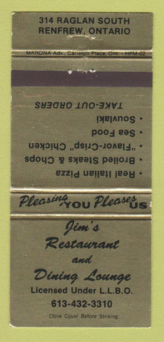 Matchbook Cover - Jim's Restaurant Renfrew ON 30 Strike