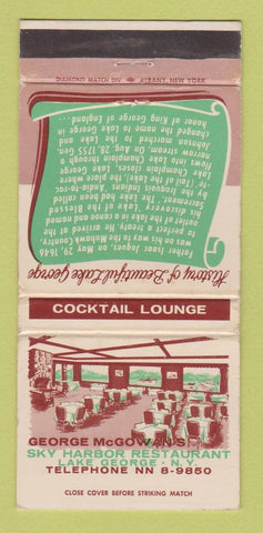 Matchbook Cover George McGowan's Sky Harbor Restaurant Lake George NY 30 Strike