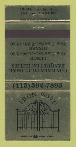 Matchbook Cover - Iron Gate Restaurant Belmont CA 30 Strike
