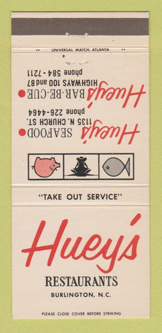 Matchbook Cover - Huey's Restaurants Burlington NC 30 Strike