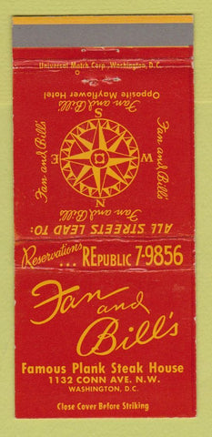 Matchbook Cover - Fan and Bill's Steak House Washington DC 30 Strike