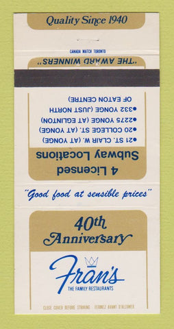 Matchbook Cover - Fran's Restaurants Toronto ON 40th Anniversary 30 Strike