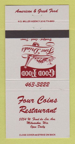 Matchbook Cover - Four Coins Restaurant Greek Milwaukee WI 30 Strike