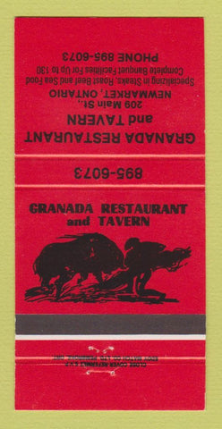 Matchbook Cover - Granada Restaurant Tavern Newmarket ON 30 Strike