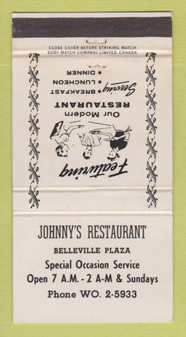 Matchbook Cover - Johnny's Restaurant Belleville ON 30 Strike