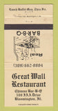 Matchbook Cover - Great Wall Restaurant BBQ Bloomington IL WORN 30 Strike
