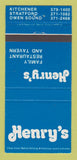 Matchbook Cover - Henry's Restaurant Tavern Kitchener Owen Sound ON 30 Strike