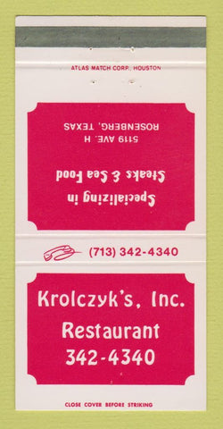 Matchbook Cover - Krolczyk's Restaurant Rosenberg TX 30 Strike