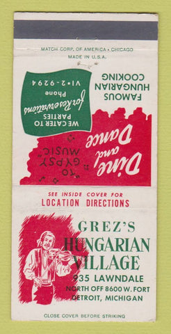 Matchbook Cover - Grez's Hungarian Village Detroit MI 30 Strike