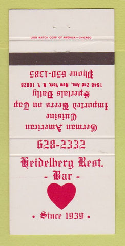 Matchbook Cover - Heidelberg Restaurant Bar New York City 30 Strike