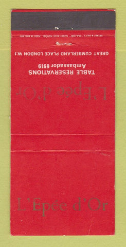 Matchbook Cover - L'Epee D' Or Restaurant London UK England WORN 30 Strike