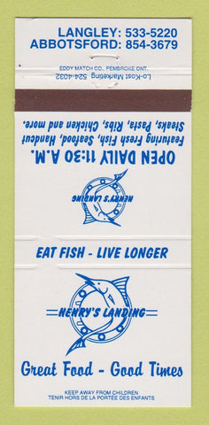 Matchbook Cover - Henry's Landing Restaurant Langley Abbotsford BC 30 Strike
