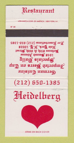 Matchbook Cover - Heidelberg German Restaurant New York City WEAR 30 Strike