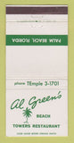 Matchbook Cover - Al Green's Beach Towers Restaurant Palm Beach FL 30 Strike