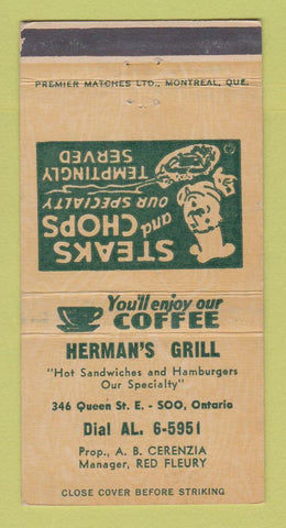 Matchbook Cover - Herman's Grill Sault Ste Marie ON WORN BACK 30 Strike