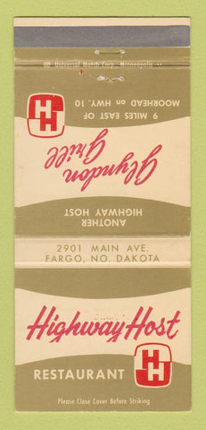 Matchbook Cover - Highway Hose Fargo ND Glyndon Grill WORN BACK 30 Strike