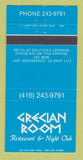 Matchbook Cover - Grecian Room Restaurant Downsview ON 30 Strike